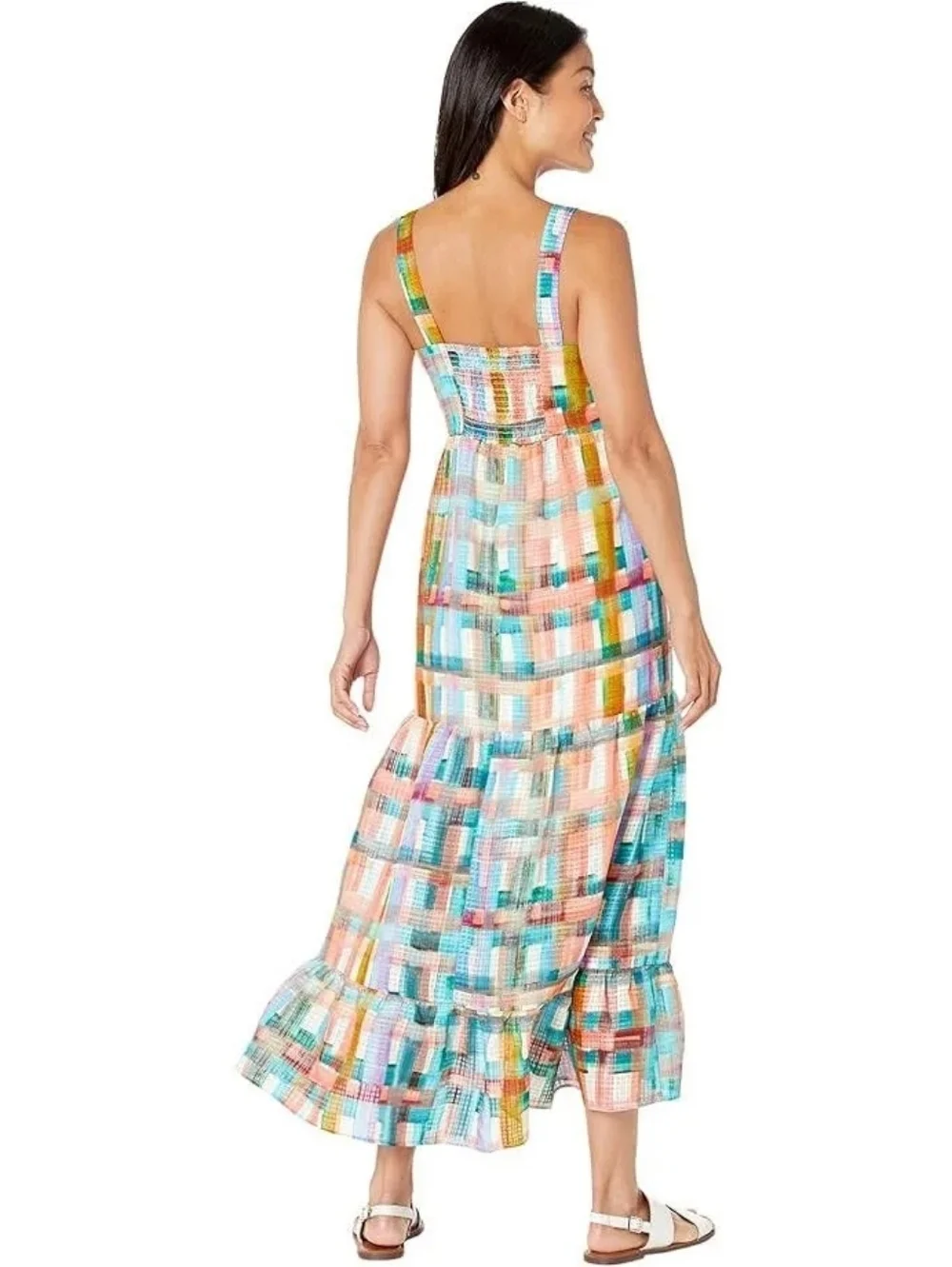 Marie Oliver Multicolor Colorful Plaid Linen Silk Sleeveless Petra Maxi Dress SM